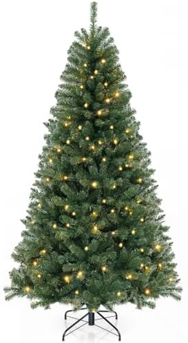GOFLAME 8ft Pre-lit Christmas Tree with Warm White LED Lights - Holiday Home Décor for Easy Indoor Setup, Featuring Hing