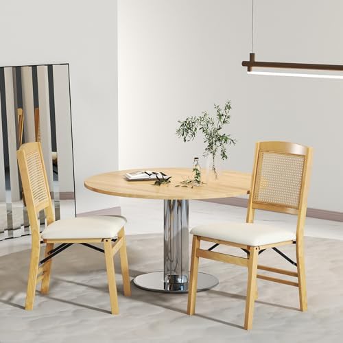 GOFLAME Folding Dining Chairs Set of 4 - Upholstered Linen Fabric, Padded Seat, Rattan Backrest, Rubber Wood Legs - Fold