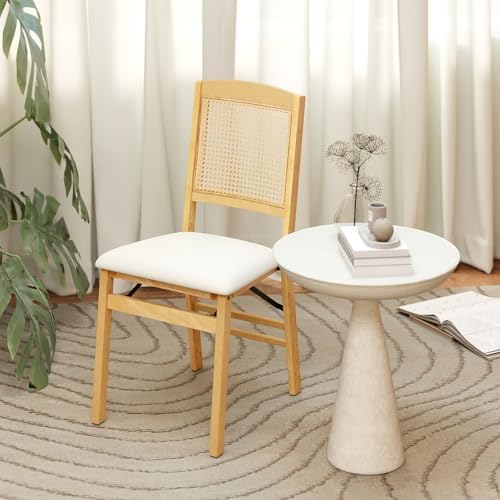 GOFLAME Folding Dining Chairs Set of 4 - Upholstered Linen Fabric, Padded Seat, Rattan Backrest, Rubber Wood Legs - Fold