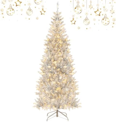 GOFLAME 7FT White Christmas Tree - Realistic Slim Pencil Design with 240 PVC Branch Tips, Unlit Holiday Decoration with