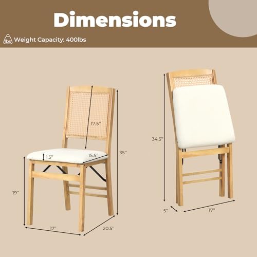 GOFLAME Folding Dining Chairs Set of 4 - Upholstered Linen Fabric, Padded Seat, Rattan Backrest, Rubber Wood Legs - Fold