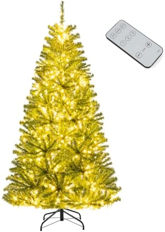 GOFLAME 8ft Pre-lit Christmas Tree with Warm White LED Lights - Holiday Home Décor for Easy Indoor Setup, Featuring Hing