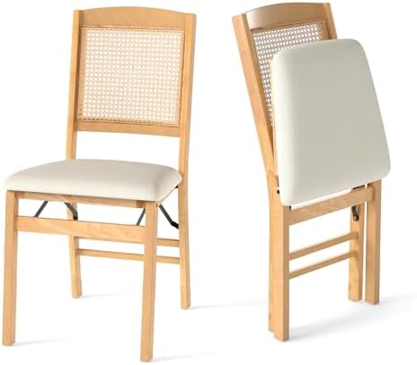 GOFLAME Folding Dining Chairs Set of 4 - Upholstered Linen Fabric, Padded Seat, Rattan Backrest, Rubber Wood Legs - Fold