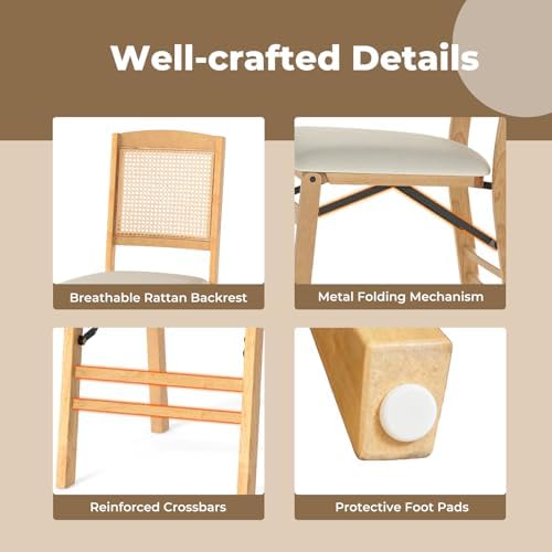 GOFLAME Folding Dining Chairs Set of 4 - Upholstered Linen Fabric, Padded Seat, Rattan Backrest, Rubber Wood Legs - Fold