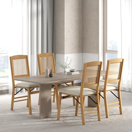 GOFLAME Folding Dining Chairs Set of 4 - Upholstered Linen Fabric, Padded Seat, Rattan Backrest, Rubber Wood Legs - Fold