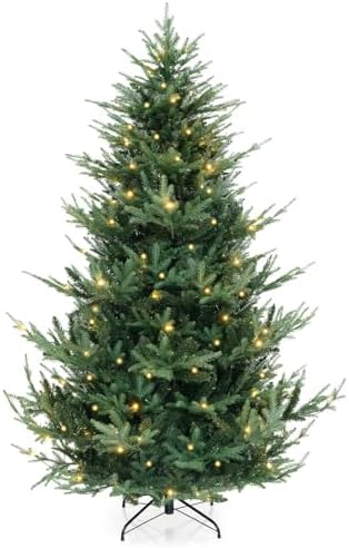 GOFLAME 7FT Prelit Artificial Christmas Tree with 340 Warm White LED Lights - Hinged Xmas Tree for Home Office Party Dec