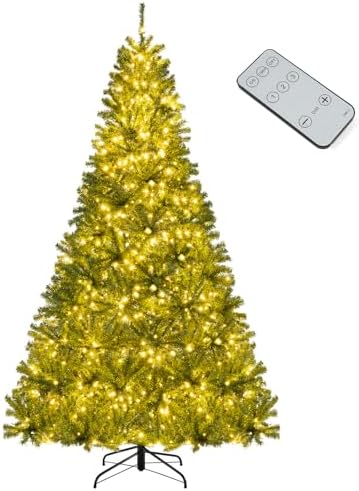 GOFLAME 8ft Pre-lit Christmas Tree with Warm White LED Lights - Holiday Home Décor for Easy Indoor Setup, Featuring Hing