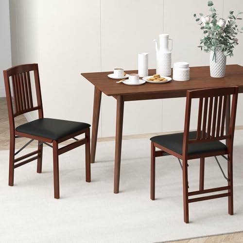 GOFLAME Folding Dining Chairs Set of 4 - PVC Padded Seat & High Backrest - Foldable Wooden Side Chairs for Living Room,