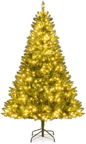 GOFLAME 8ft Pre-lit Christmas Tree with Warm White LED Lights - Holiday Home Décor for Easy Indoor Setup, Featuring Hing