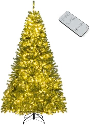 GOFLAME 8ft Pre-lit Christmas Tree with Warm White LED Lights - Holiday Home Décor for Easy Indoor Setup, Featuring Hing