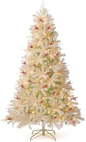 GOFLAME 8ft Pre-lit Christmas Tree with Warm White LED Lights - Holiday Home Décor for Easy Indoor Setup, Featuring Hing