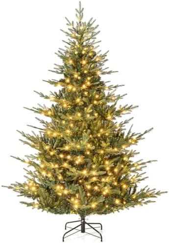 GOFLAME 7FT Prelit Artificial Christmas Tree with 340 Warm White LED Lights - Hinged Xmas Tree for Home Office Party Dec