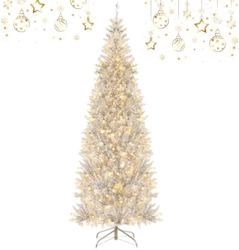 GOFLAME 7FT White Christmas Tree - Realistic Slim Pencil Design with 240 PVC Branch Tips, Unlit Holiday Decoration with
