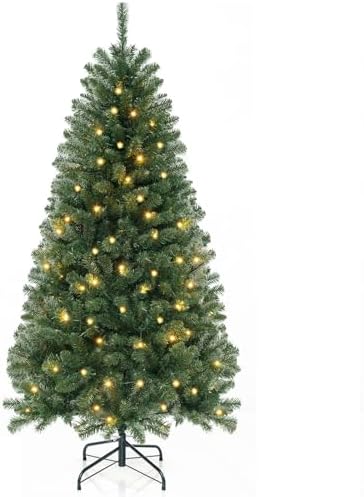 GOFLAME 8ft Pre-lit Christmas Tree with Warm White LED Lights - Holiday Home Décor for Easy Indoor Setup, Featuring Hing