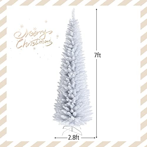 GOFLAME 7FT White Christmas Tree - Realistic Slim Pencil Design with 240 PVC Branch Tips, Unlit Holiday Decoration with