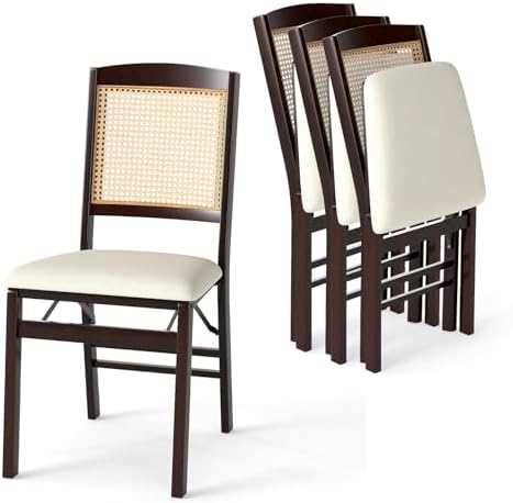 GOFLAME Folding Dining Chairs Set of 4 - Upholstered Linen Fabric, Padded Seat, Rattan Backrest, Rubber Wood Legs - Fold