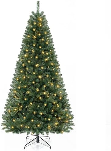 GOFLAME 8ft Pre-lit Christmas Tree with Warm White LED Lights - Holiday Home Décor for Easy Indoor Setup, Featuring Hing