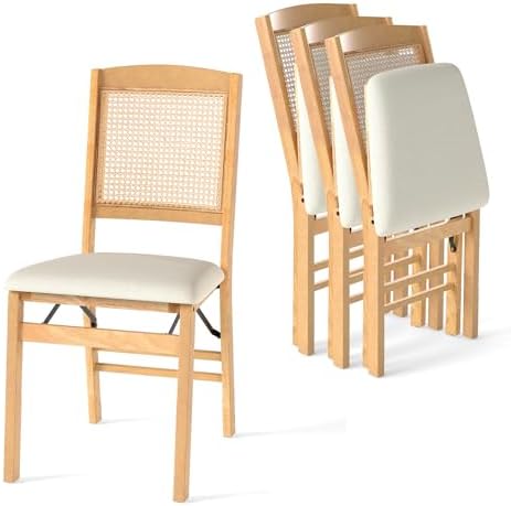 GOFLAME Folding Dining Chairs Set of 4 - Upholstered Linen Fabric, Padded Seat, Rattan Backrest, Rubber Wood Legs - Fold