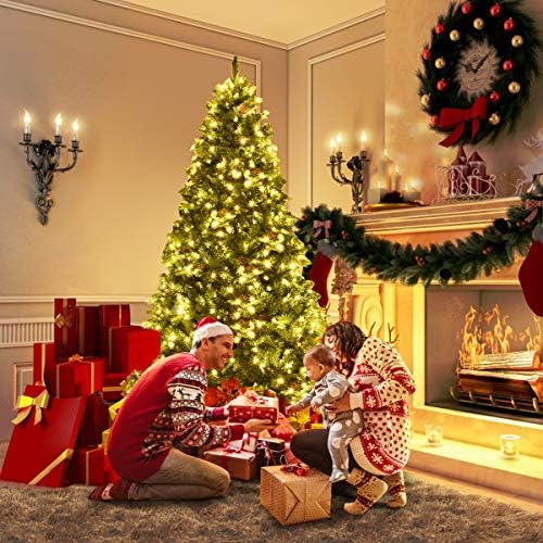 GOFLAME 8ft Pre-lit Christmas Tree with Warm White LED Lights - Holiday Home Décor for Easy Indoor Setup, Featuring Hing