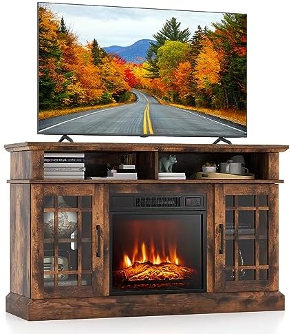 GOFLAME Fireplace TV Stand for 55" TVs - Freestanding Wood Entertainment Center with 18” Electric Fireplace, 48" Console
