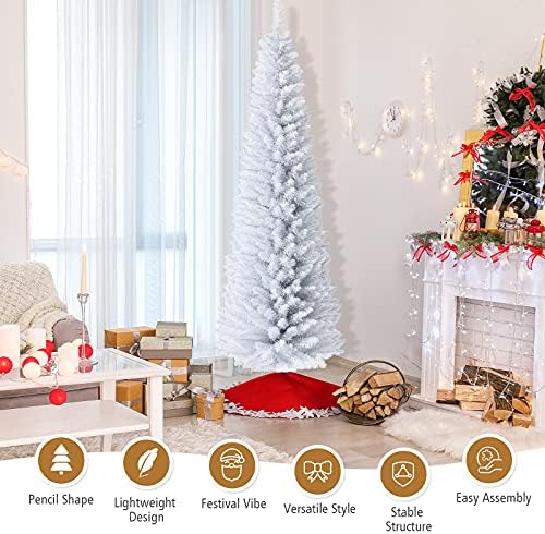 GOFLAME 7FT White Christmas Tree - Realistic Slim Pencil Design with 240 PVC Branch Tips, Unlit Holiday Decoration with