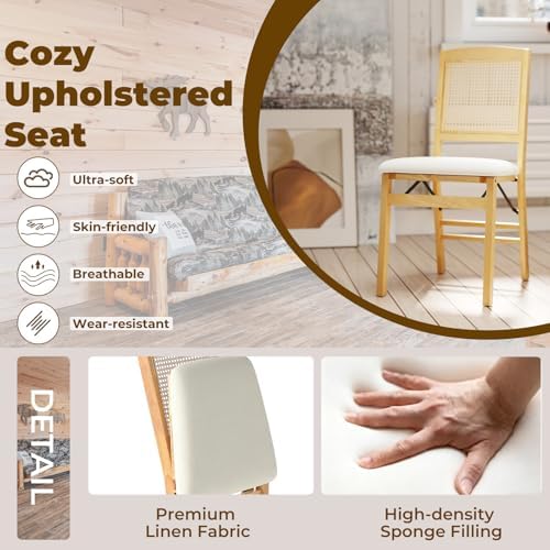 GOFLAME Folding Dining Chairs Set of 4 - Upholstered Linen Fabric, Padded Seat, Rattan Backrest, Rubber Wood Legs - Fold