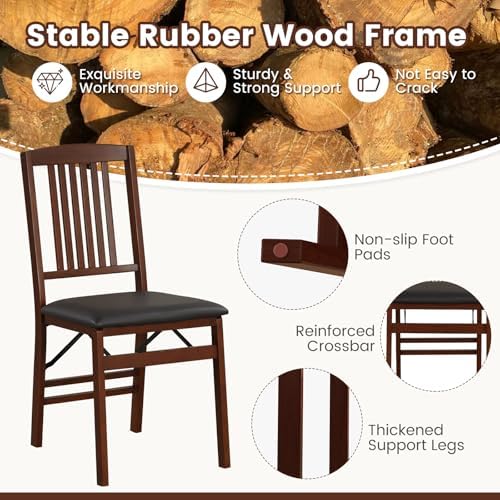 GOFLAME Folding Dining Chairs Set of 4 - PVC Padded Seat & High Backrest - Foldable Wooden Side Chairs for Living Room,