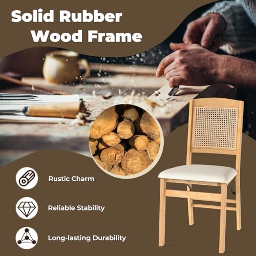 GOFLAME Folding Dining Chairs Set of 4 - Upholstered Linen Fabric, Padded Seat, Rattan Backrest, Rubber Wood Legs - Fold