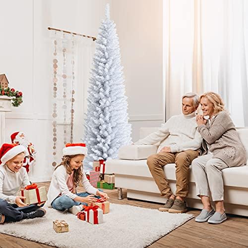 GOFLAME 7FT White Christmas Tree - Realistic Slim Pencil Design with 240 PVC Branch Tips, Unlit Holiday Decoration with