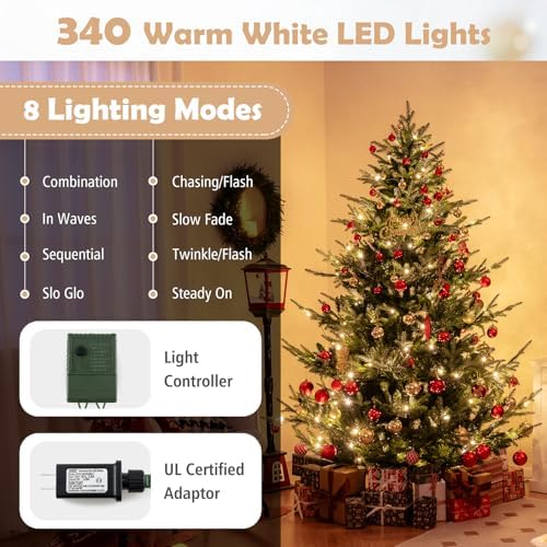 GOFLAME 7FT Prelit Artificial Christmas Tree with 340 Warm White LED Lights - Hinged Xmas Tree for Home Office Party Dec