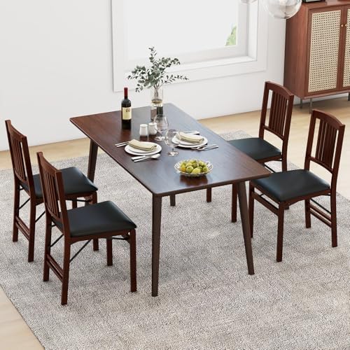 GOFLAME Folding Dining Chairs Set of 4 - PVC Padded Seat & High Backrest - Foldable Wooden Side Chairs for Living Room,