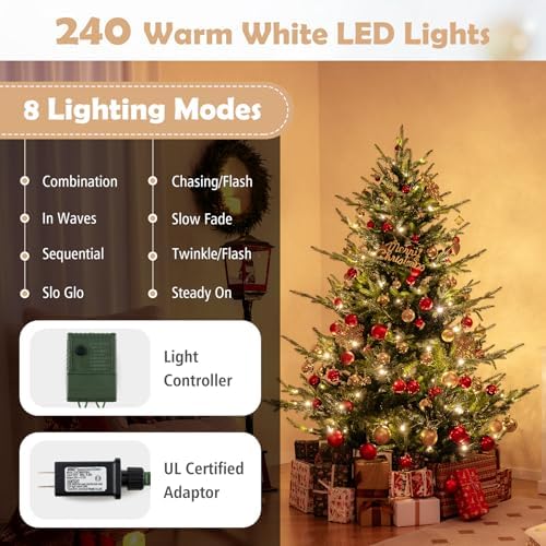 GOFLAME 6FT Prelit Artificial Christmas Tree - 240 Warm White LED Lights, Hinged Design for Easy Setup, Perfect Holiday