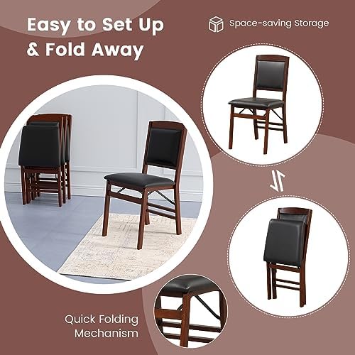 GOFLAME Folding Dining Chairs Set of 4 - PVC Padded Seat & High Backrest - Foldable Wooden Side Chairs for Living Room,
