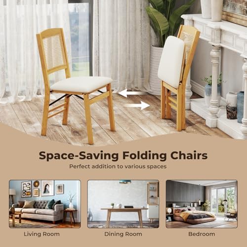 GOFLAME Folding Dining Chairs Set of 4 - Upholstered Linen Fabric, Padded Seat, Rattan Backrest, Rubber Wood Legs - Fold